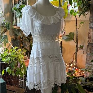 Free People Cruel Intentions Boho Crochet Lined Tiered Peasant Mini Dress